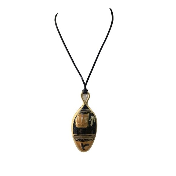 Handcrafted Jewelry - Gold Tone Pendant Necklace With Abstract Design On Black Nylon Cord (1368)